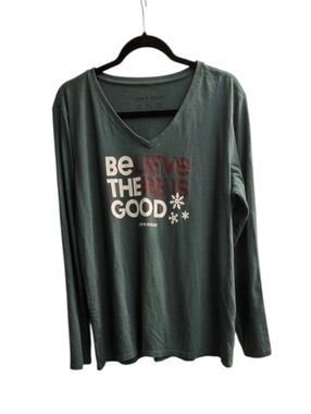 Life Is Good "Believe There Is Good" Green V-Neck Graphic Tee
